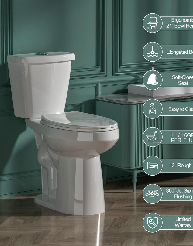 21 Inch Tall Toilets Elongated Toilet Extra High Toilets for Seniors Toilets for Bathrooms Comfort Height Elongated Toilet for Elderly, Two-Piece Dual Flush 1.1/1.6 GPF 12” Rough In