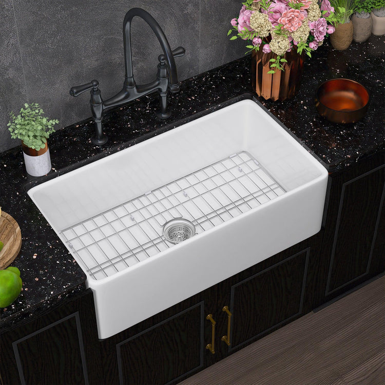 Miuara Farmhouse Sink - 33 Inch Fireclay White Farmhouse Sink Large & Deep Apron Front Kitchen Sink Single Bowl Undermount Farm Sink 33x18x10 with Custom Bottom Grid & Kitchen Sink Strainer - Miuara LLC