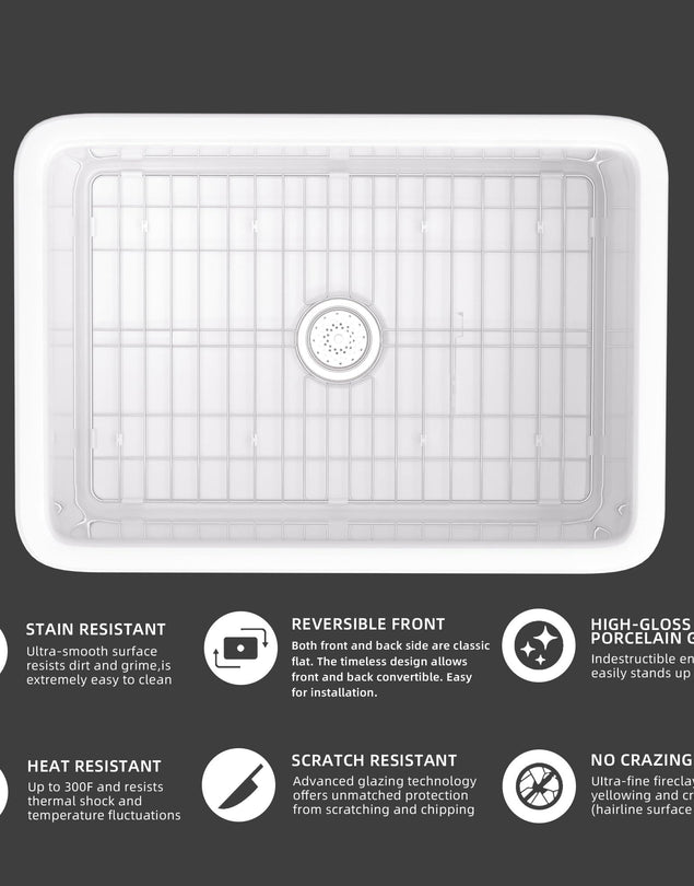 Miuara White Kitchen Sink Drop In 27 x 19 x 10 Inch Fireclay Dual Mount Drop In Kitchen Sink Deep Single Bowl Topmount & Undermount Kitchen Sink with Custom Bottom Grid & Kitchen Sink Strainer - Miuara LLC